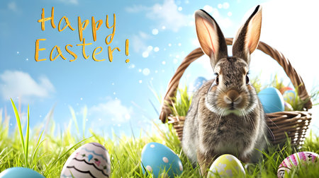 'Happy Easter!' Typography on a colorful Spring Background with a Basket of Easter Eggs and a Bunny. Lovely Easter Card Templateの素材