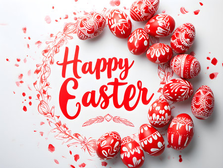 'Happy Easter' calligraphy on a white background surrounded by red Easter eggs. Modern Easter Card Templateの素材