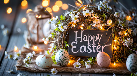 'Happy Easter' Chalk Calligraphy on a wooden background with colorful Easter eggs. Template for an Easter Greeting Cardの素材
