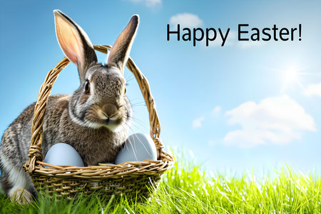 'Happy Easter!' Typography on a colorful Spring Background with a Basket of Easter Eggs and a Bunny. Lovely Easter Card Templateの素材