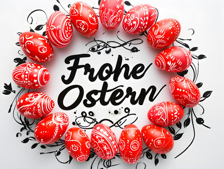 'Happy Easter' calligraphy on a white background surrounded by red Easter eggs. Modern Easter Card Templateの素材