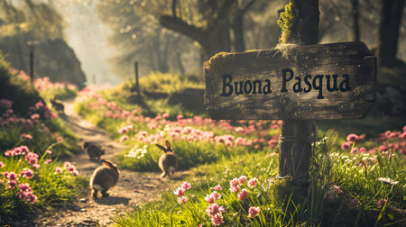 'Buona Pasqua' Typography on a wooden sign surrounded by Bunnies. Background of a beautiful spring landscapeの素材