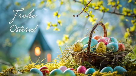 Easter card template with a basket of colorful eggs in front of a church. 'Happy Easter' Text Calligraphyの素材