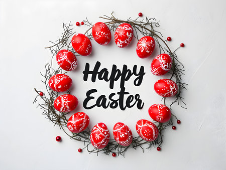 'Happy Easter' calligraphy on a white background surrounded by red Easter eggs. Modern Easter Card Templateの素材