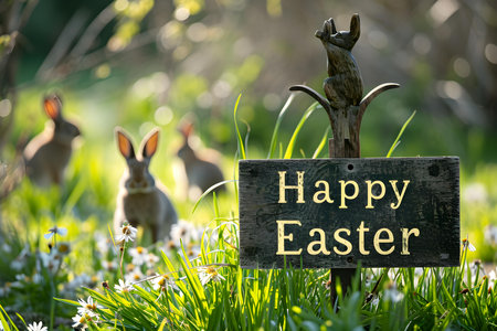'Happy Easter' typography on a wooden sign surrounded by bunnies. Background of a beautiful spring landscapeの素材