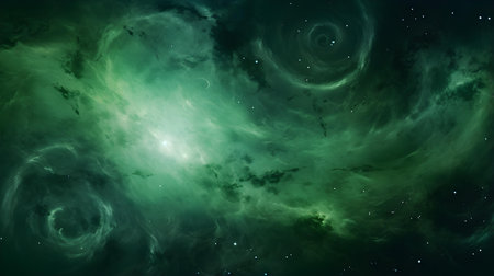 Green Cosmic Background with swirling galaxies and nebulaeの素材