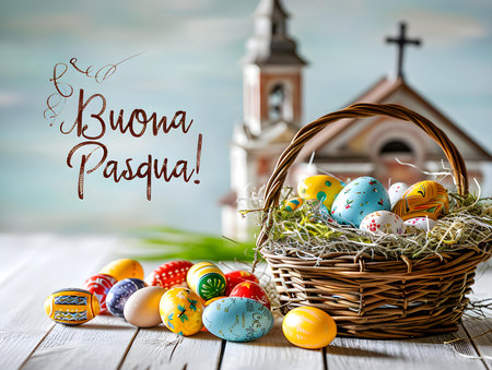 Easter card template with a basket of colorful eggs in front of a church. 'Buona Pasqua' Text Calligraphyの素材