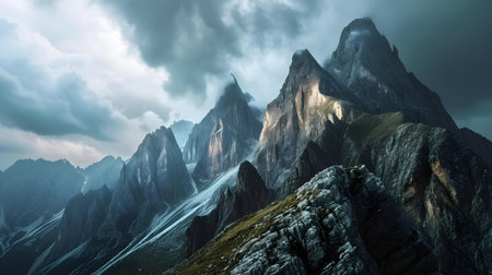 Mountain peaks under stormy sky. Panoramic viewの素材