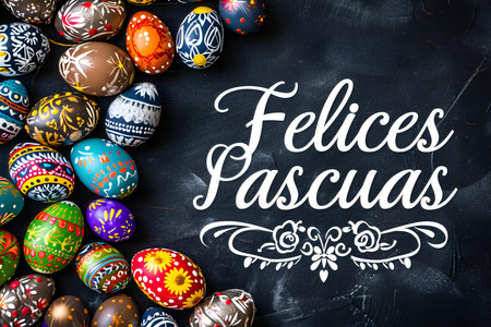'Felices Pascuas' Text Calligraphy on a Black Background with Colorful Easter Eggs. Easter card templateの素材