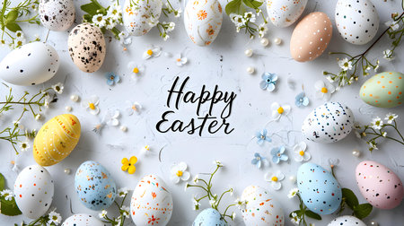 'Happy Easter' calligraphy on a white background surrounded by colorful Easter eggs. Modern Easter Card Templateの素材