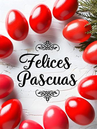 'Felices Pascuas' calligraphy on a white background surrounded by red Easter eggs. Modern Easter Card Templateの素材
