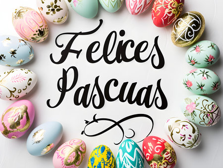'Felices Pascuas' calligraphy on a white background surrounded by colorful Easter eggs. Modern Easter Card Templateの素材