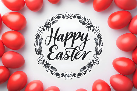 'Happy Easter' calligraphy on a white background surrounded by red Easter eggs. Modern Easter Card Templateの素材