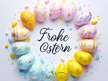 'Happy Easter' calligraphy on a white background surrounded by colorful Easter eggs. Modern Easter Card Templateの素材