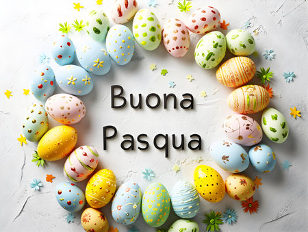 'Buona Pasqua' calligraphy on a white background surrounded by colorful Easter eggs. Modern Easter Card Templateの素材