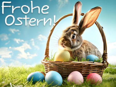 'Happy Easter!' Typography on a colorful Spring Background with a Basket of Easter Eggs and a Bunny. Lovely Easter Card Templateの素材