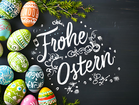'Happy Easter' Text Calligraphy on a Black Background with Colorful Easter Eggs. Easter card templateの素材