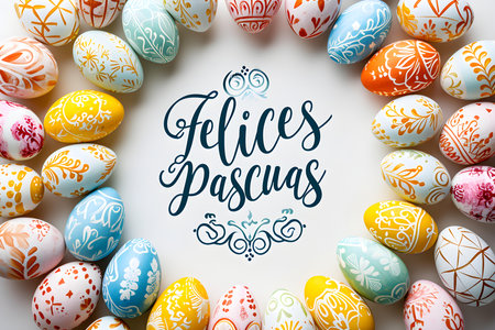 'Felices Pascuas' calligraphy on a white background surrounded by colorful Easter eggs. Modern Easter Card Templateの素材