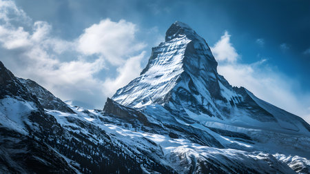 Majestic Alpine Snow-Covered Mountain Peak on a Sunny Day with Blue Skyの素材