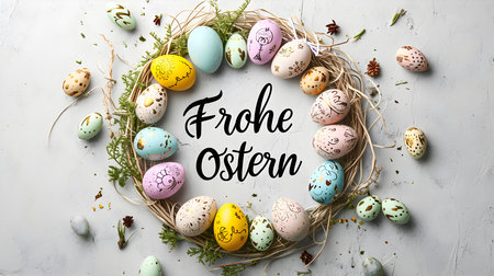 'Happy Easter' calligraphy on a white background surrounded by colorful Easter eggs. Modern Easter Card Templateの素材