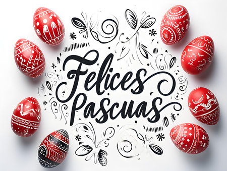 'Felices Pascuas' calligraphy on a white background surrounded by red Easter eggs. Modern Easter Card Templateの素材