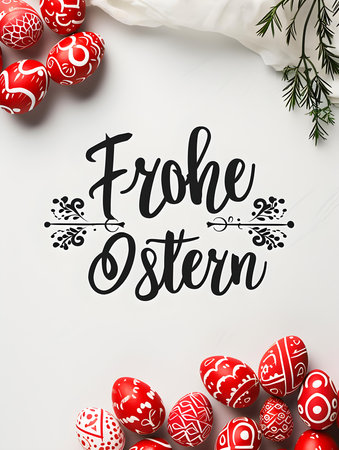 'Happy Easter' calligraphy on a white background surrounded by red Easter eggs. Modern Easter Card Templateの素材