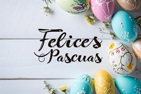 'Felices Pascuas' calligraphy on a white background surrounded by colorful Easter eggs. Modern Easter Card Templateの素材