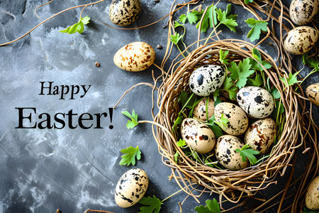 'Happy Easter!' Typography with Easter Eggs and Spring Flowers. Beautiful Easter Card Templateの素材