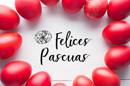 'Felices Pascuas' calligraphy on a white background surrounded by red Easter eggs. Modern Easter Card Templateの素材