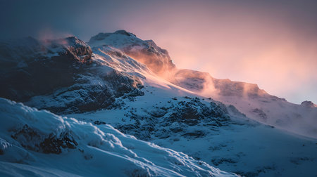 First light of day hitting snow-covered mountain topの素材