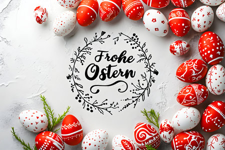 'Happy Easter' calligraphy on a white background surrounded by red Easter eggs. Modern Easter Card Templateの素材