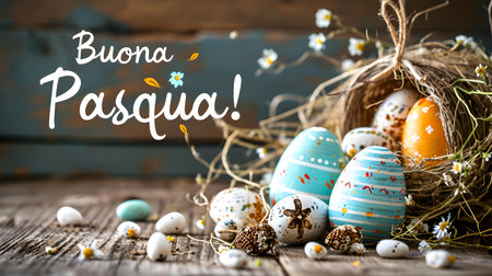 'Buona Pasqua!' Typography with Easter Eggs and Spring Flowers. Beautiful Easter Card Templateの素材