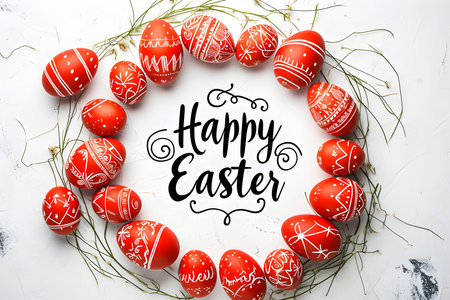 'Happy Easter' calligraphy on a white background surrounded by red Easter eggs. Modern Easter Card Templateの素材