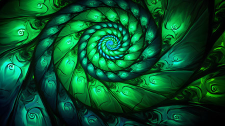 Emerald Psychedelic Spiral Pattern. Hypnotic Abstract Backgroundの素材