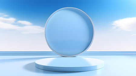 Elegant studio background in sky blue colors. Modern Podium for Product Presentationの素材