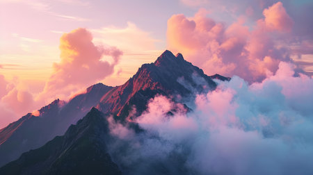 Mountain Peak Emerging above Sea of Clouds at Dawnの素材