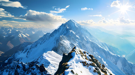 Majestic Alpine Snow-Covered Mountain Peak on a Sunny Day with Blue Skyの素材