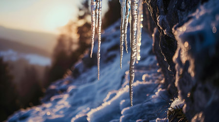 Close-Up of Icicles hanging from a Rocky Mountain Edge. Blurred Snow Landscape Backgroundの素材
