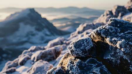 Close-Up of Frost-Covered Rocks at Mountain Summitの素材