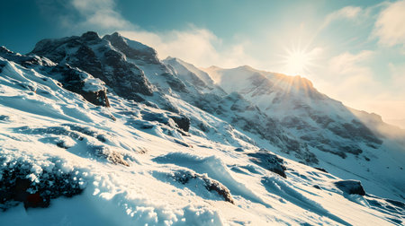 Mountain peak covered in fresh snow in the winter sunの素材