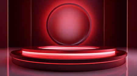 Elegant studio background in dark red colors. Modern Podium for Product Presentationの素材