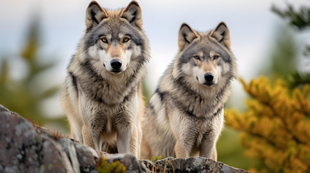 Wolf pair surveying territory at dawnの素材
