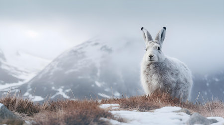 Mountain Hare in Winter Coat on Snowy Highlandの素材