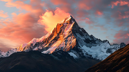Sunrise over snow-capped mountain peak with orange and pink skyの素材