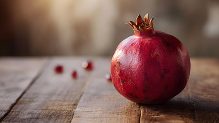Close up of a fresh Pomegranate on a rustic wooden tableの素材