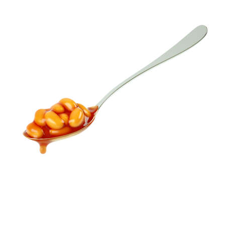 3D rendering of baked beans on spoon with dripping tomato sauceの写真素材