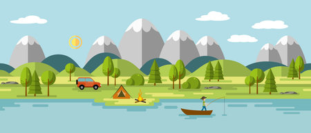 Camping in the mountains, so usable as a continuous panoramaのイラスト素材