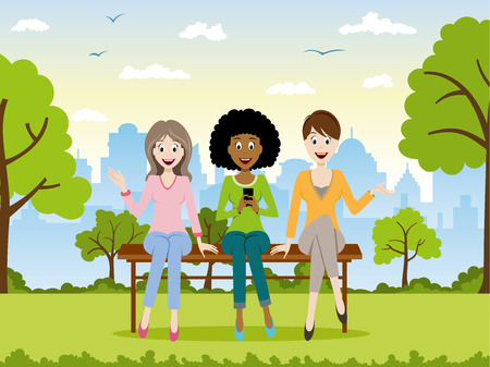 Three girls sitting on a benchのイラスト素材