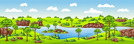 Summer panoramic landscape with meadows, rocks and treesのイラスト素材