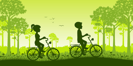 Two people ride a bike through the countrysideのイラスト素材